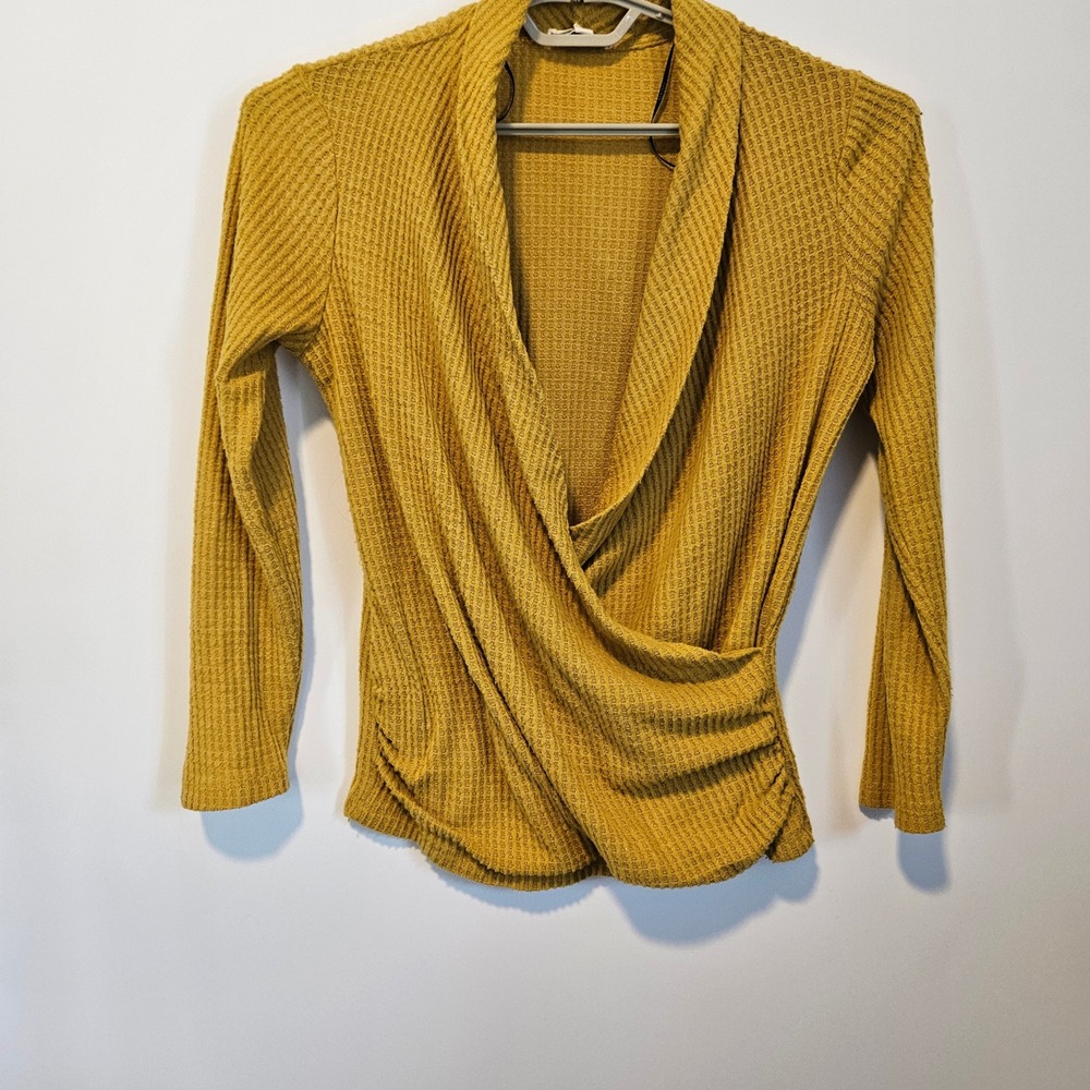 Pleione Waffle Knit Faux Wrap Top Womens Small Mustard Yellow Fall Office Career